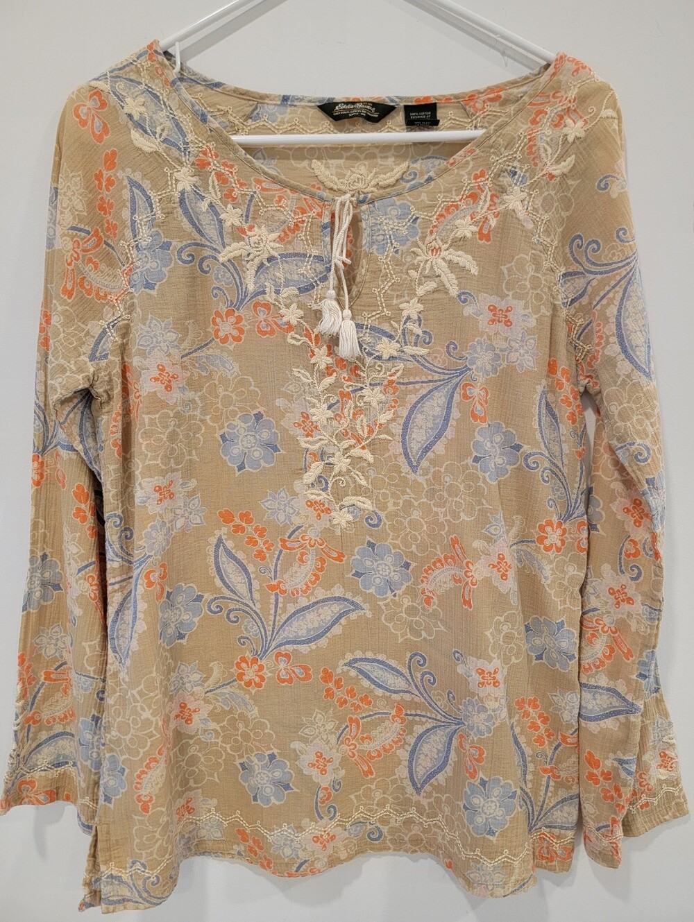 Eddie Bauer Tan Floral Embroidered Peasant Blouse w/ Blue & Coral Accents Medium